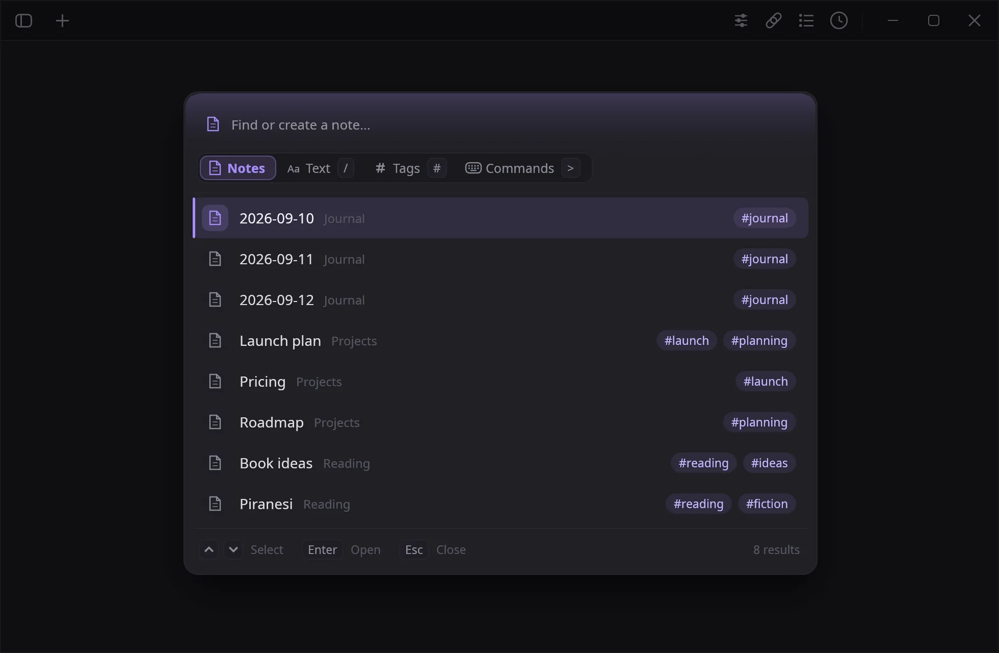 notesy's switcher open over a note, listing notes and commands