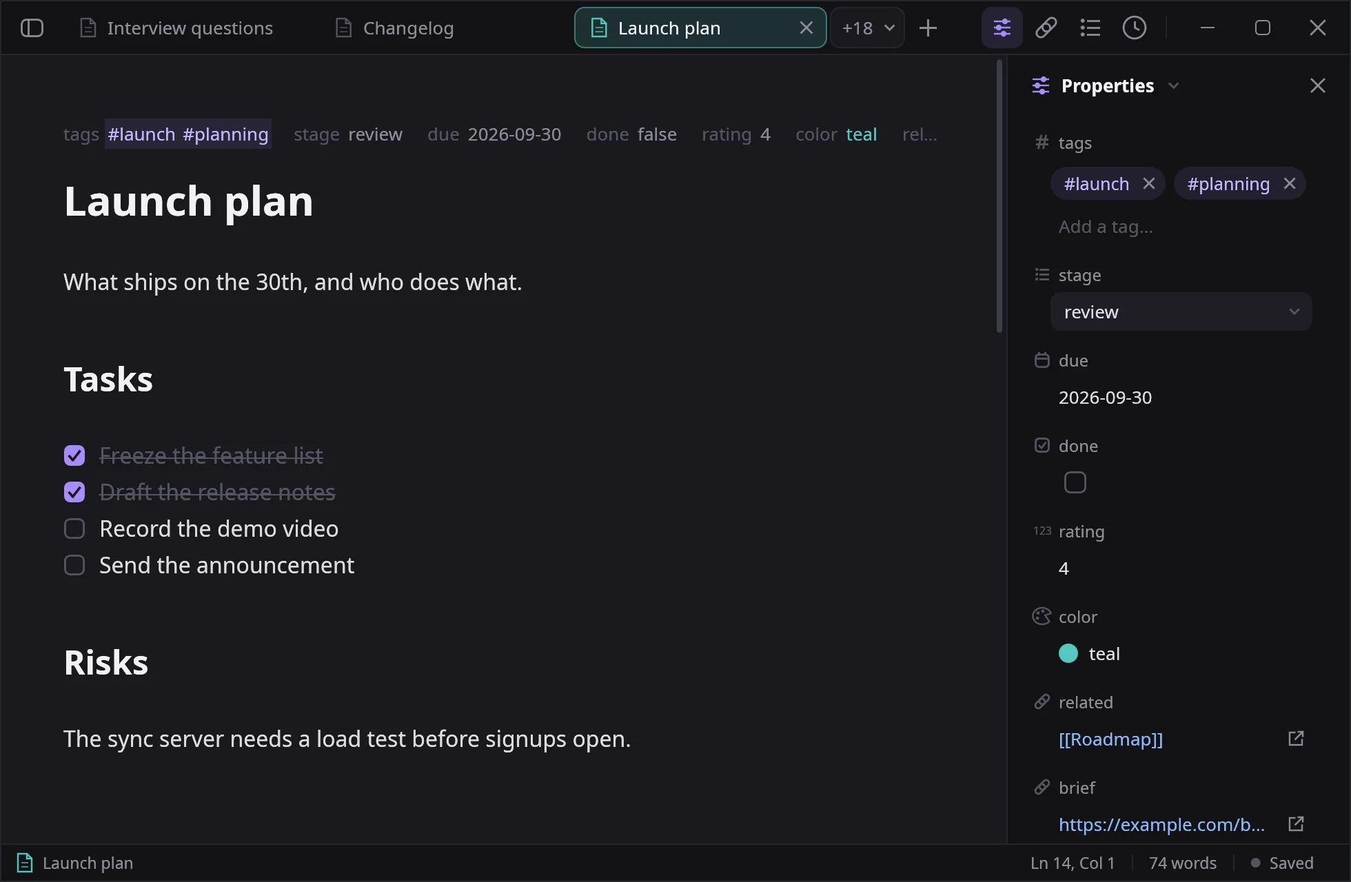 A note's properties in notesy, shown as editable fields